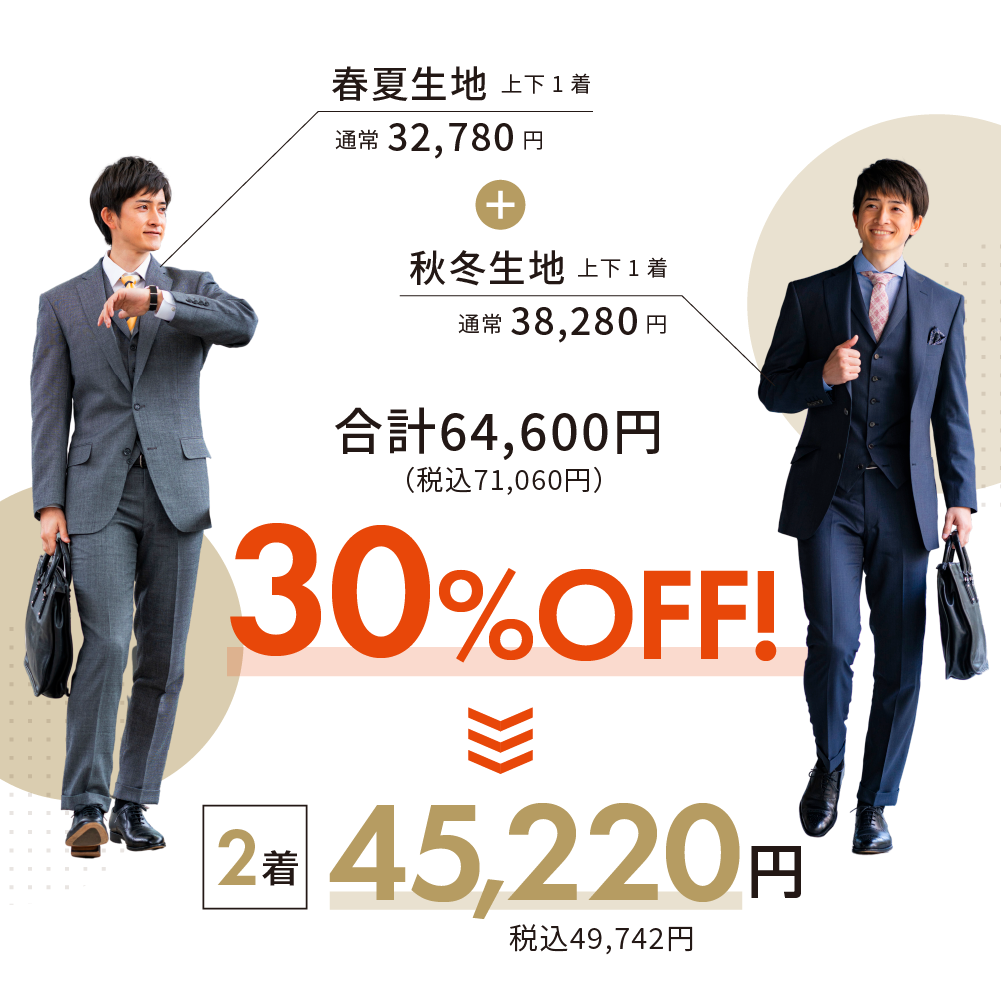 春夏生地（通常上下1着32,780円）と秋冬生地（通常上下1着38,280円）の税込み合計71,060円のところ、セール価格30%オフで税込み合計49,742円に。