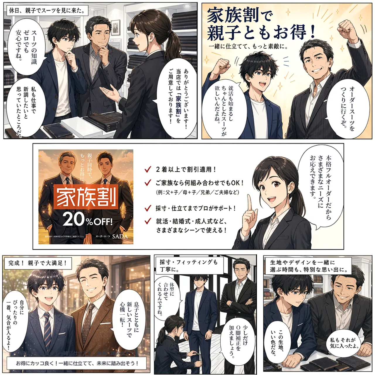 オーダースーツSADAの「家族割」ご利用イメージマンガ