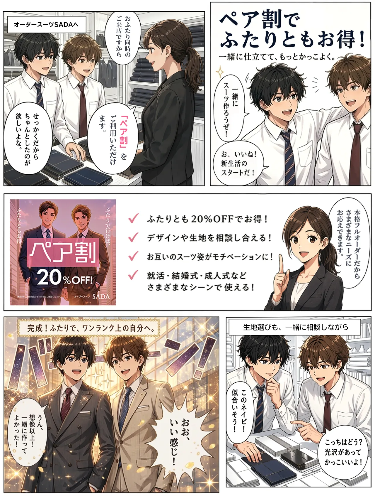 オーダースーツSADAの「ペア割」ご利用イメージマンガ