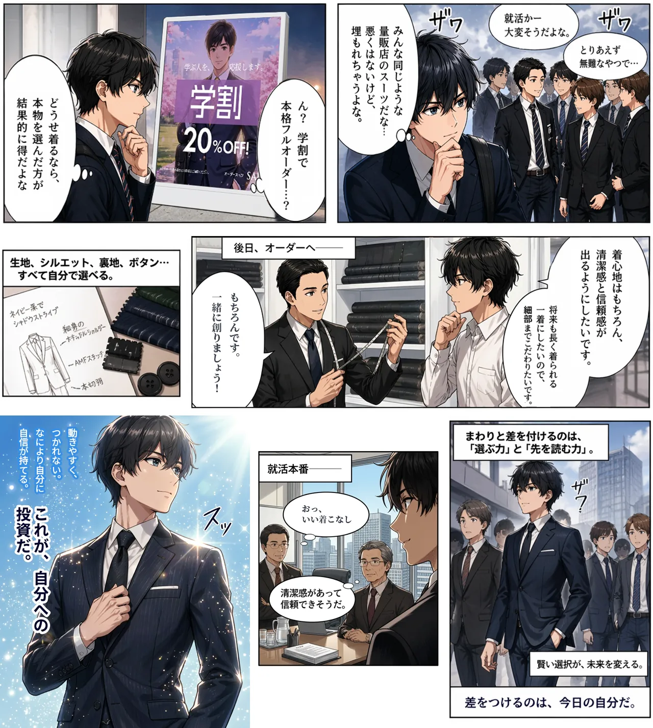 オーダースーツSADAの「学割」ご利用イメージマンガ